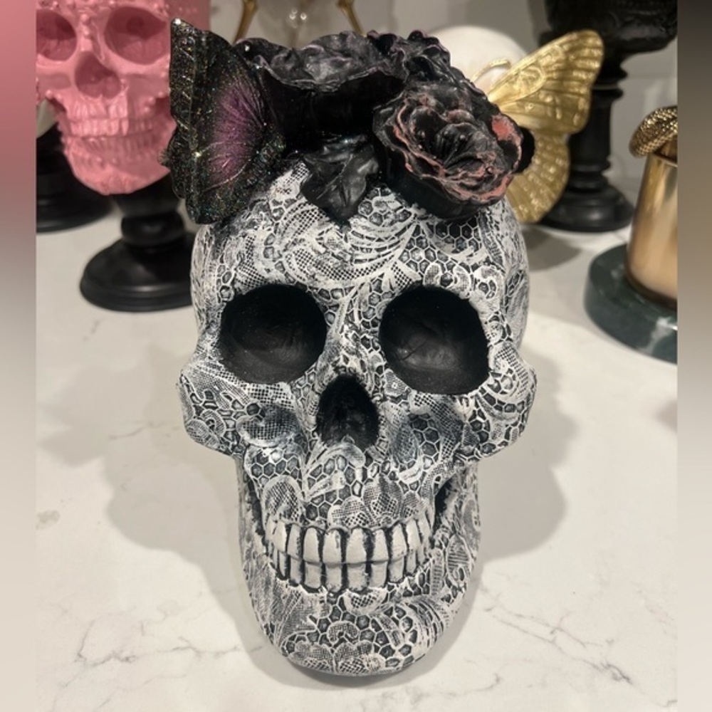 Moonlight Manor Lace Floral Butterfly Resin Skull Decor